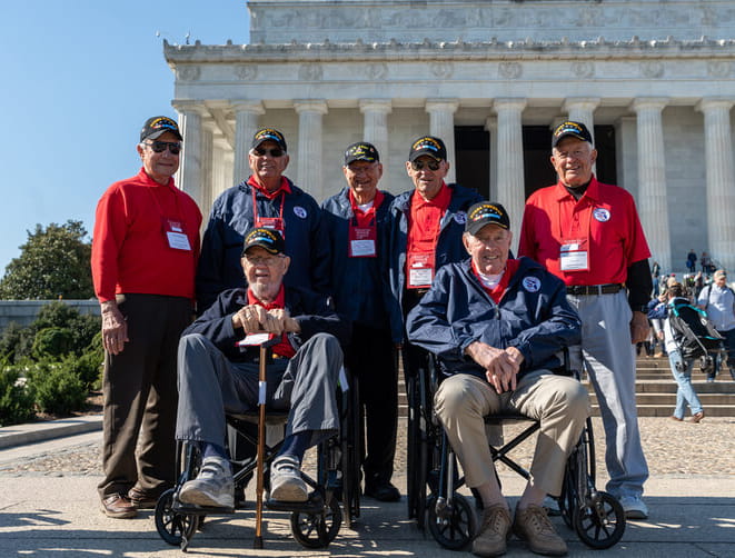 Veterans in front of the Lincoln Memorial